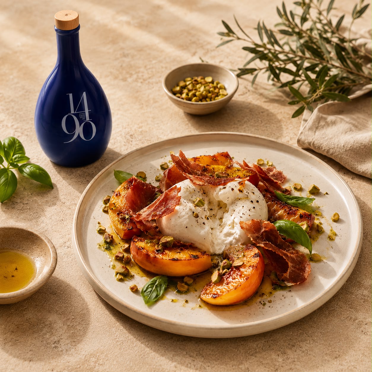 Melocotón dorado con burrata, jamón crujiente y AOVE Santa María Bluu