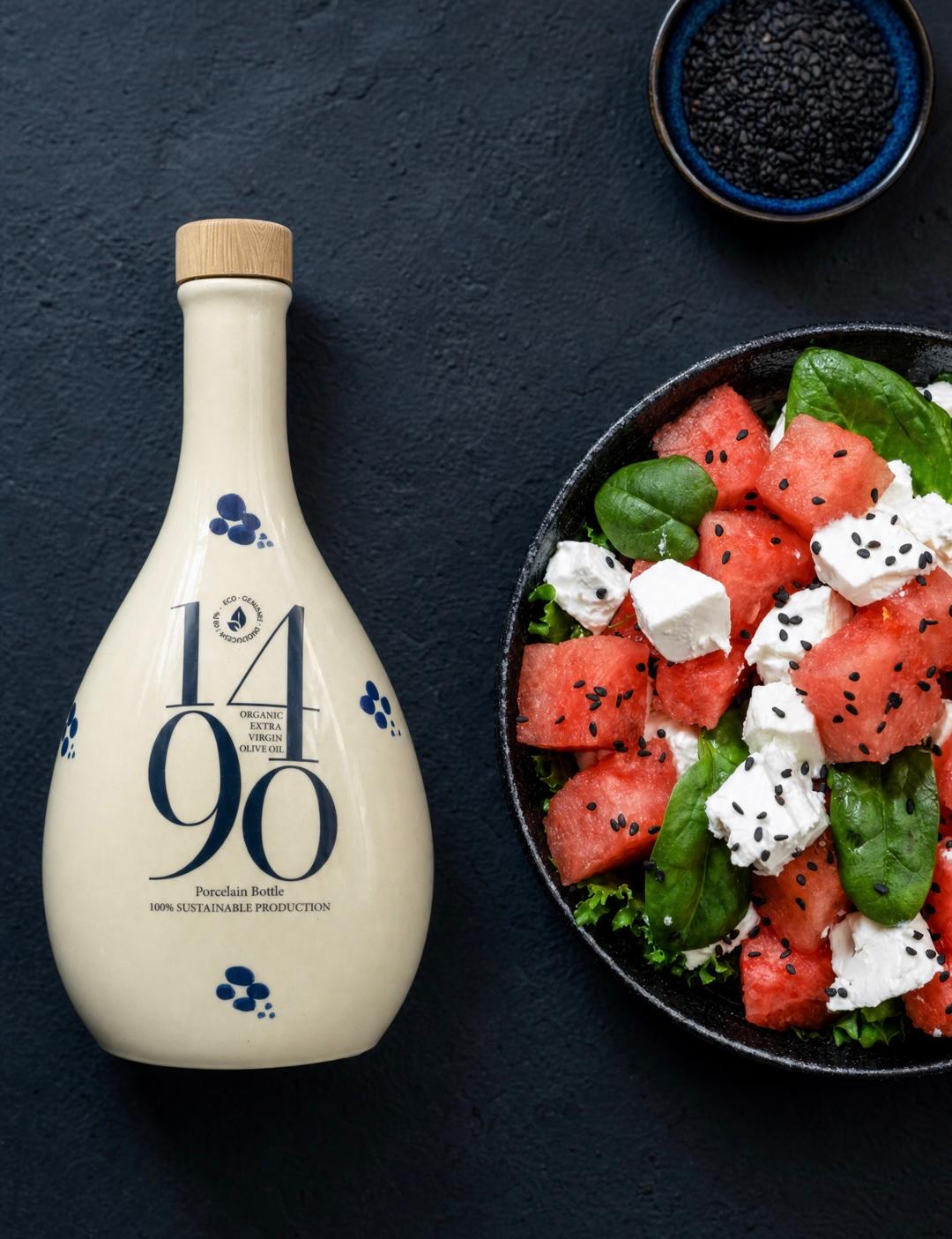 Ensalada de sandía, espinacas y queso con AOVE ecológico Santa María Galera