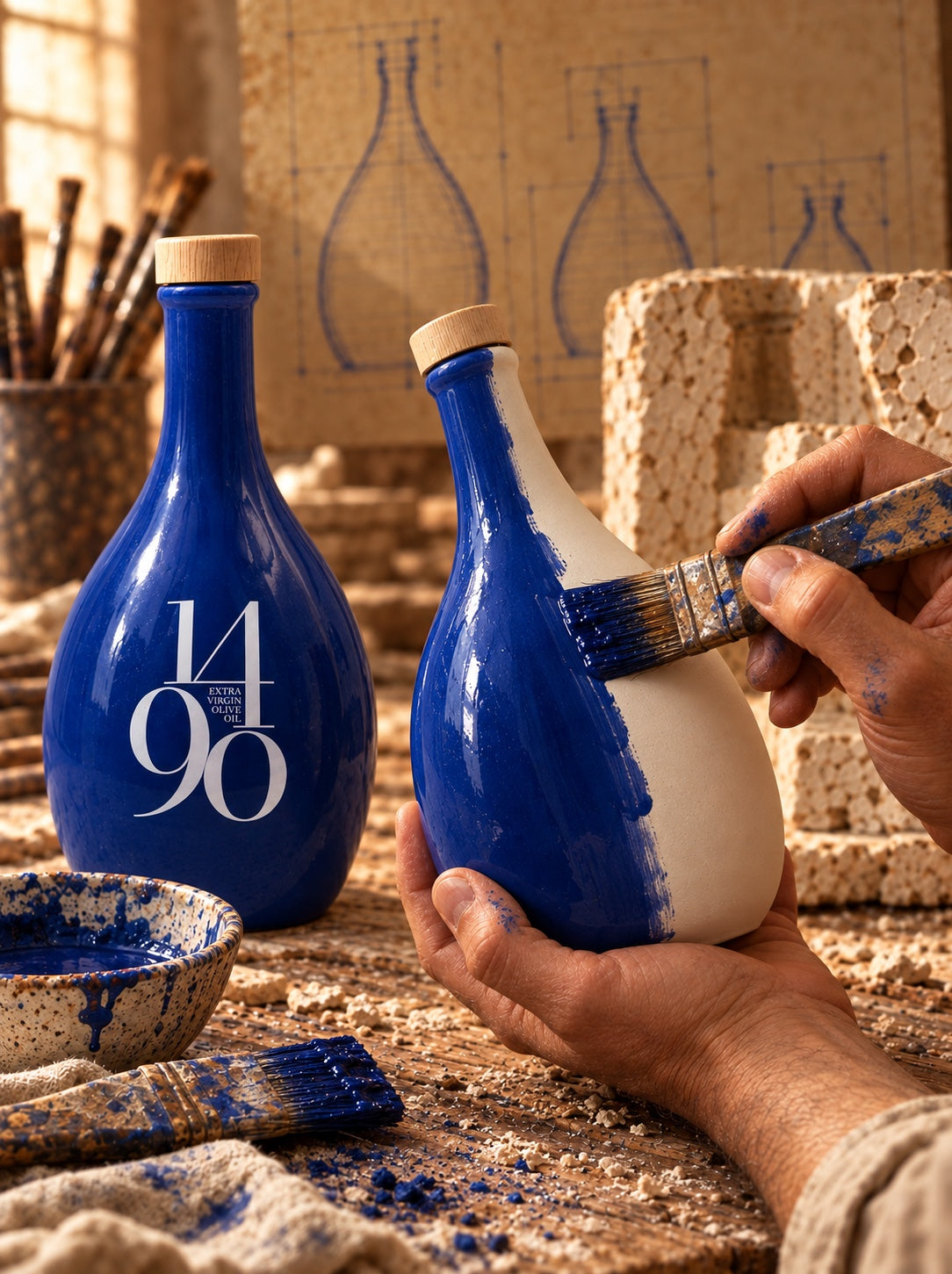 Un artesano vidriando a mano la frasca de porcelana 1490