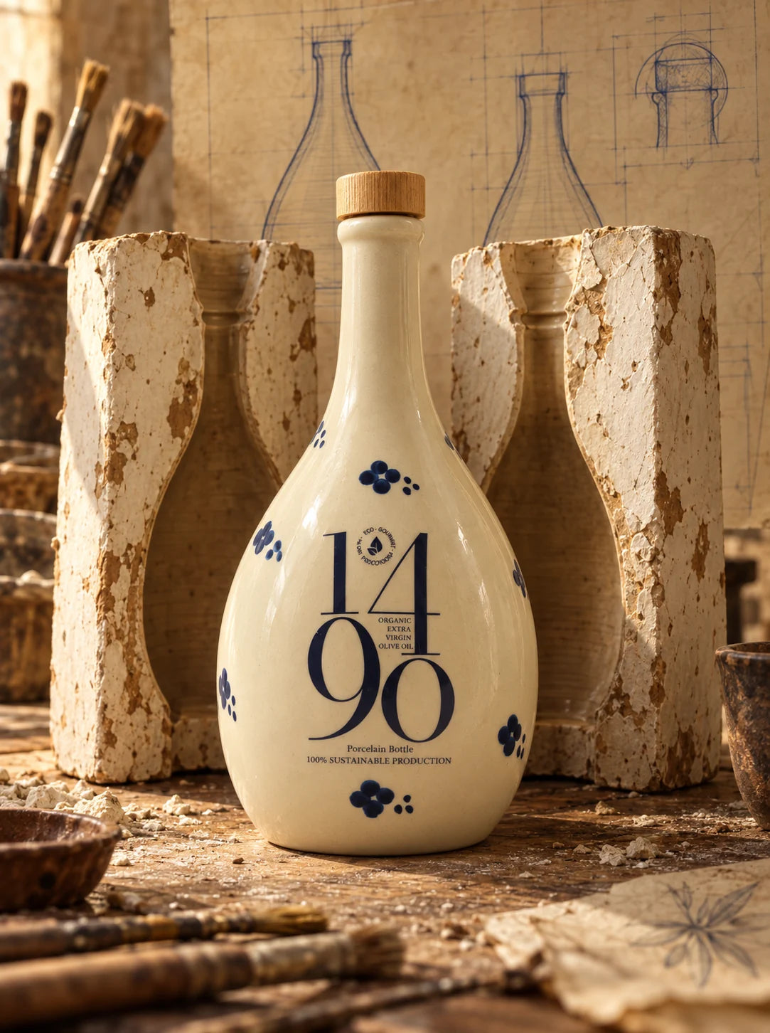 La frasca de porcelana recien salida de su molde de escayola, en el taller del alfarero