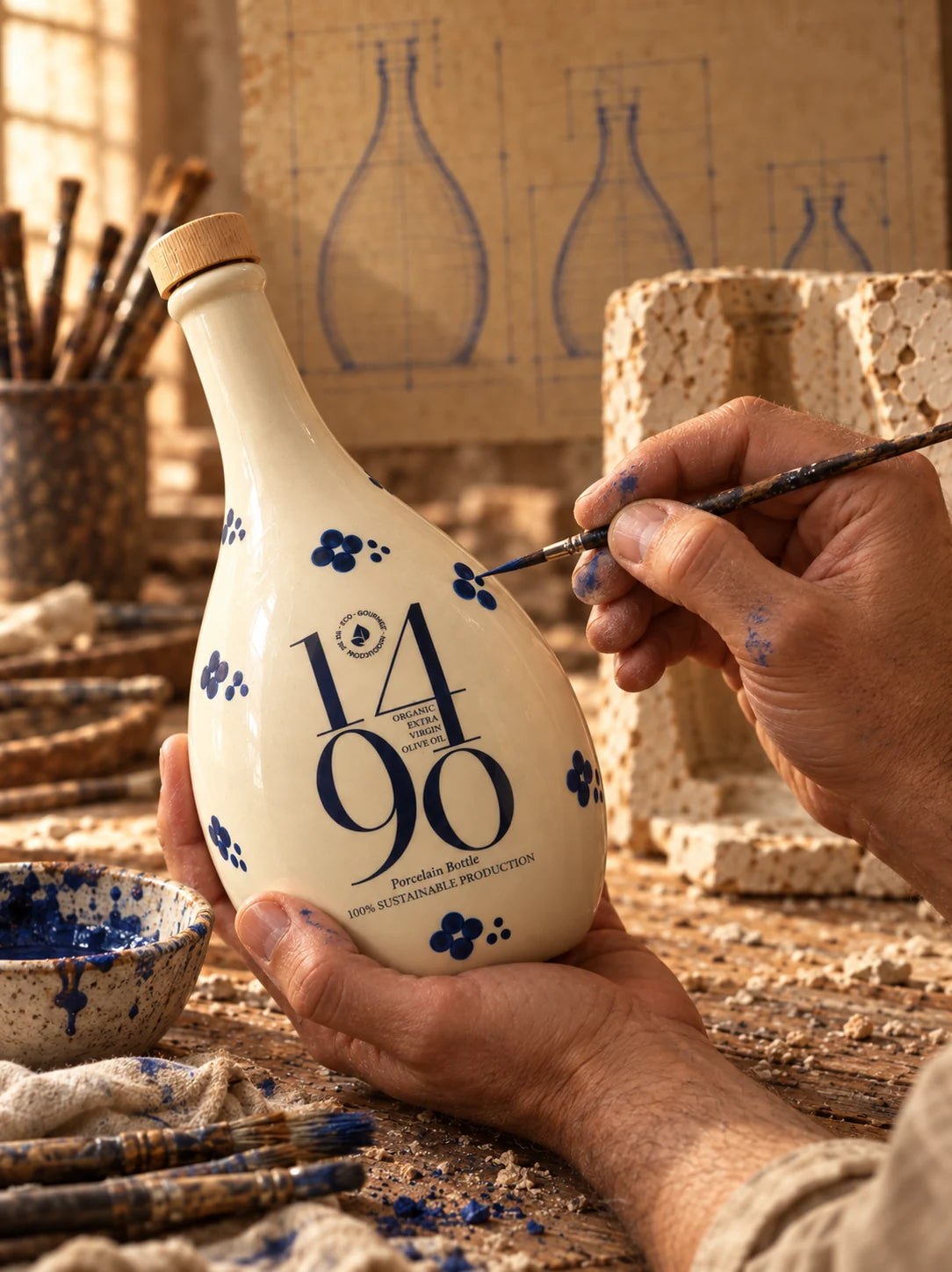 Un artesano pintando a mano, flor a flor, la frasca de porcelana Santa Maria Galera
