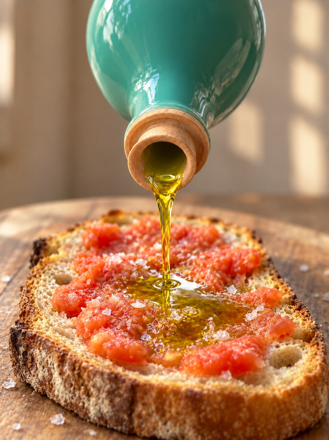 Aceite de oliva virgen extra 1490 cayendo sobre una tostada de pan con tomate
