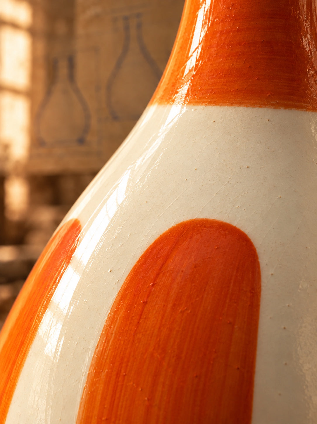 Detalle macro del vidriado de la frasca de porcelana pintada a mano