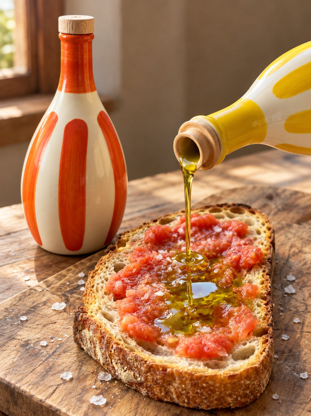 Aceite de oliva virgen extra 1490 cayendo sobre una tostada de pan con tomate