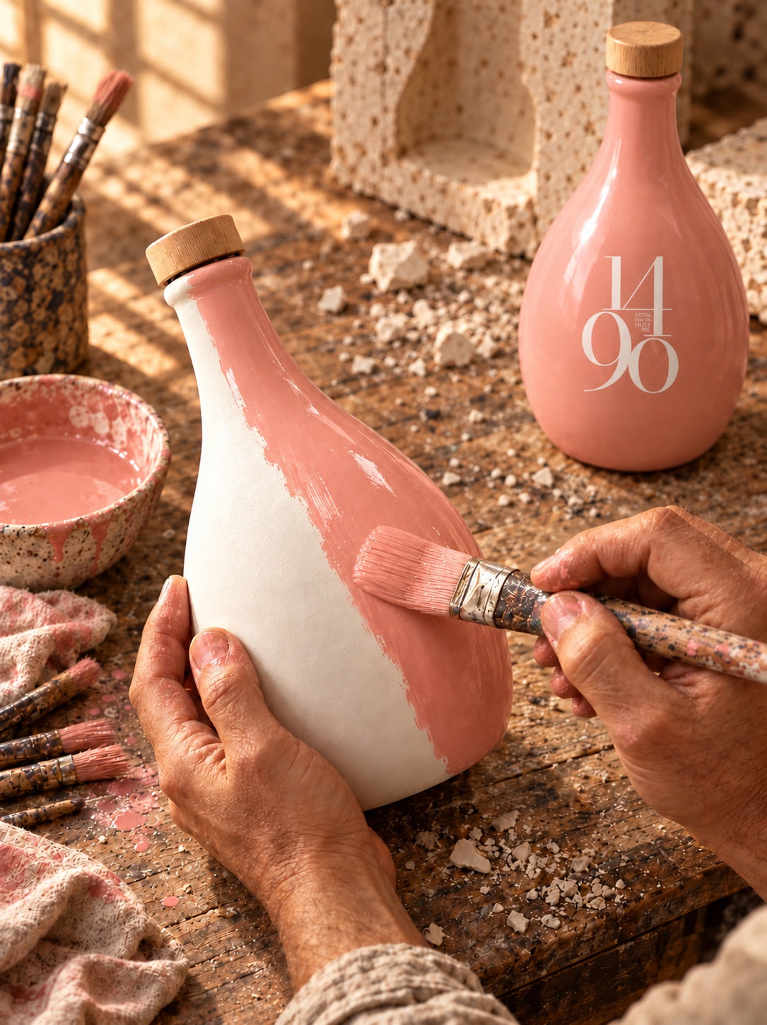 Un artesano vidriando a mano la frasca de porcelana 1490